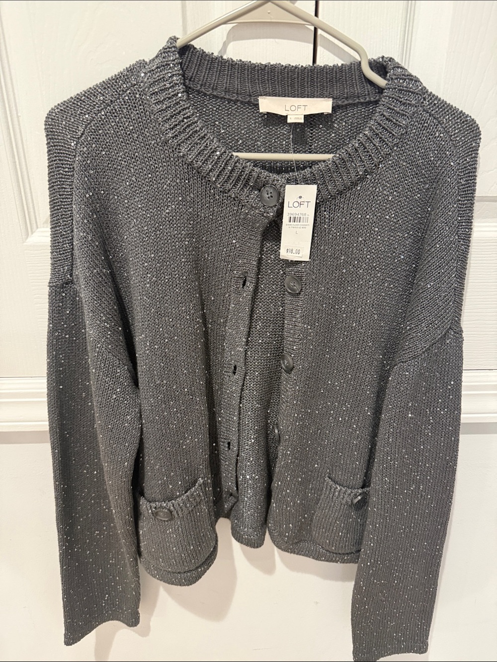 LOFT Gray Speckled Crewneck Button Cardigan